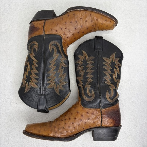 Justin Mens Full Quill Ostrich Western Cowboy Boots Black Brown Square Toe 10.5B - Picture 10 of 13